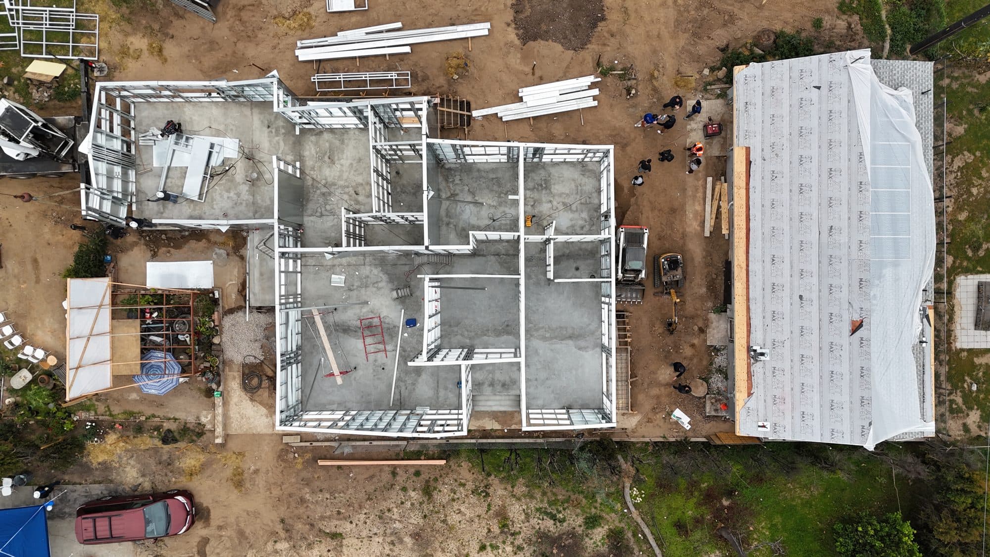 Overhead: the steel floor plan takes shape