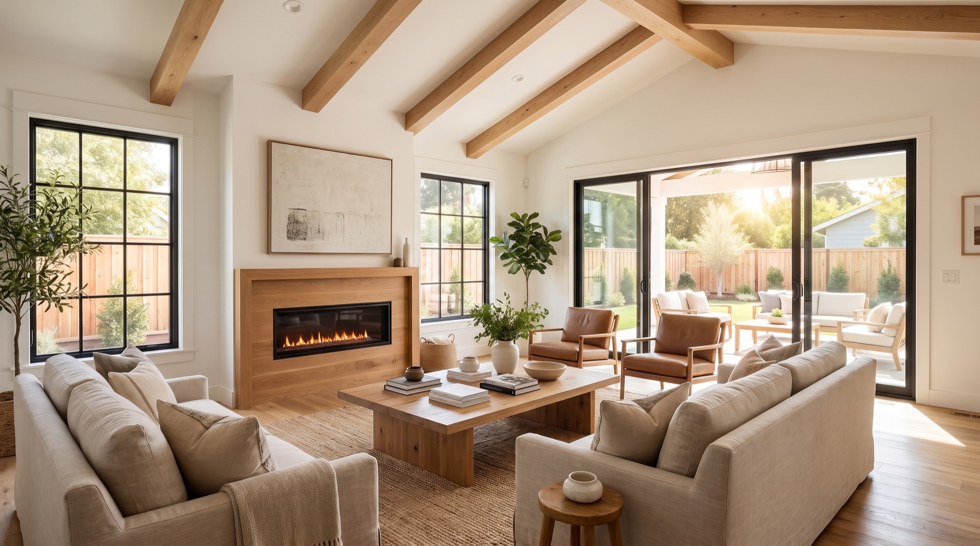 Great room with fireplace, rendering