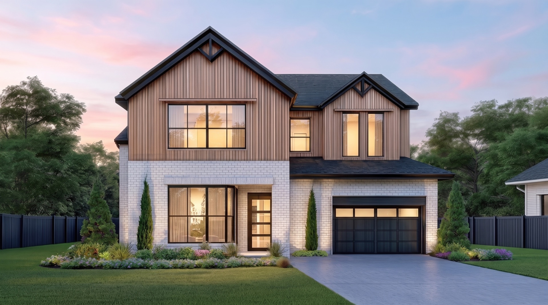 The Sonoma, a LyteMods steel-framed home, at dusk. Illustrative rendering.